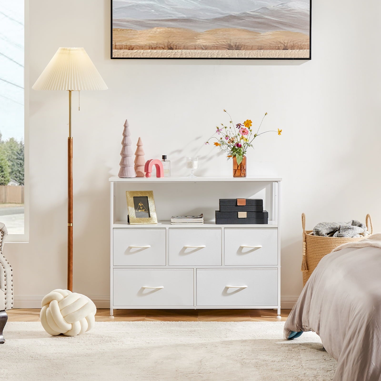 MAYEERTY TV Stand with Fabric Storage, Tower Storage Cabinet Dresser & Chest of 5 Drawers Organizer, White