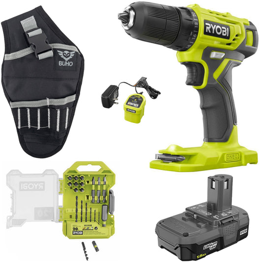 Drill Set Bundle with Ryobi 18V ONE+ Drill Driver, Multipurpose Drill Bits, 1.5 Ah 18-Volt Battery, Charger and Buho Drill Holster