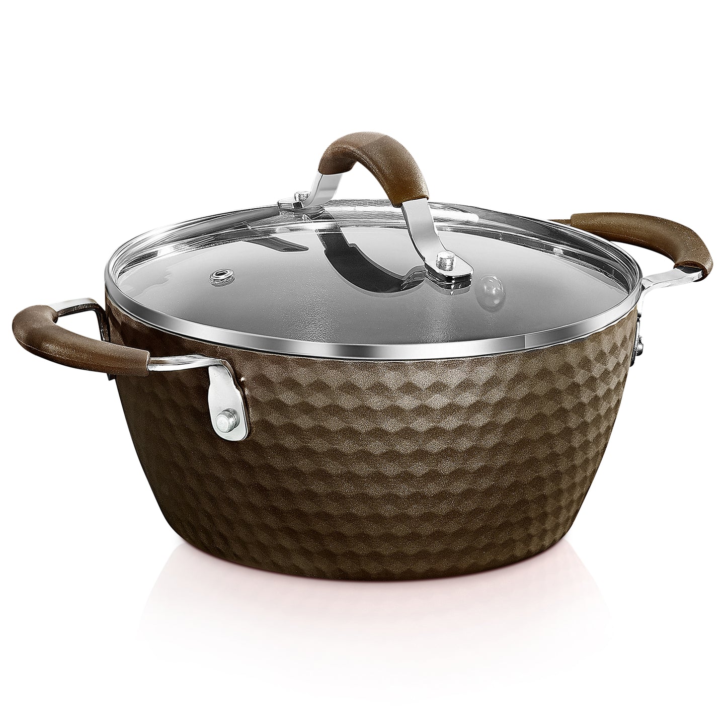 NutriChef Durable Non-Stick Cooking Pot - High-Qualified Kitchen Cookware with See-Through Tempered Glass Lids, 2.1 Quarts, Brown