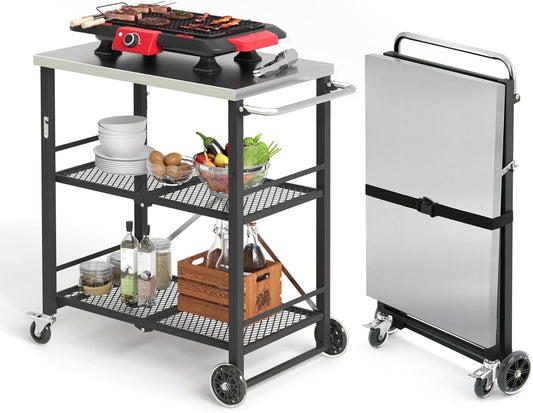 Dycanpo Foldable Outdoor Grill Cart, Movable 3 Tiers Grill Table,Stainless Steel, 33.8'',Black