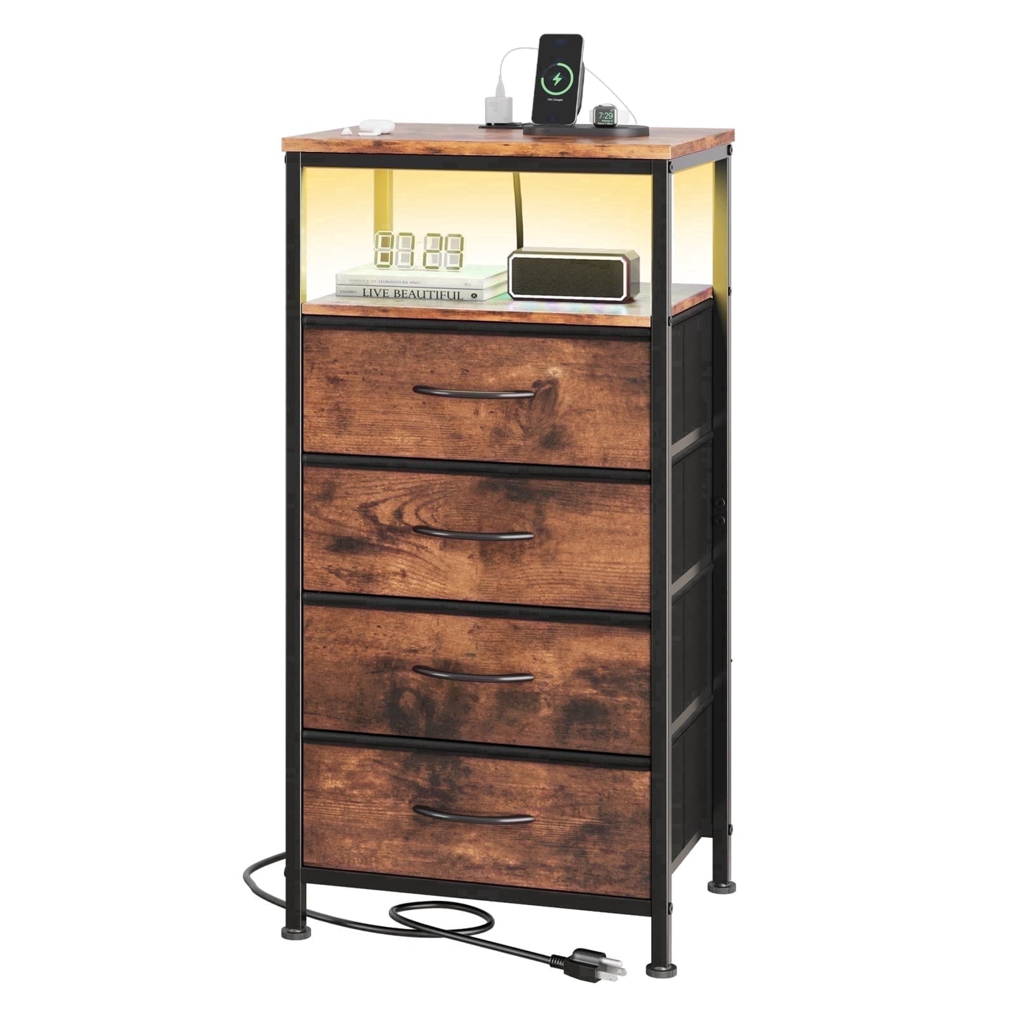 EDX Nightstand with 4 Fabric Drawers, Charging Station with USB/Type-C Ports and Outlets, Adjustable Feet and Light Strip for Bedroom, Rust Brown