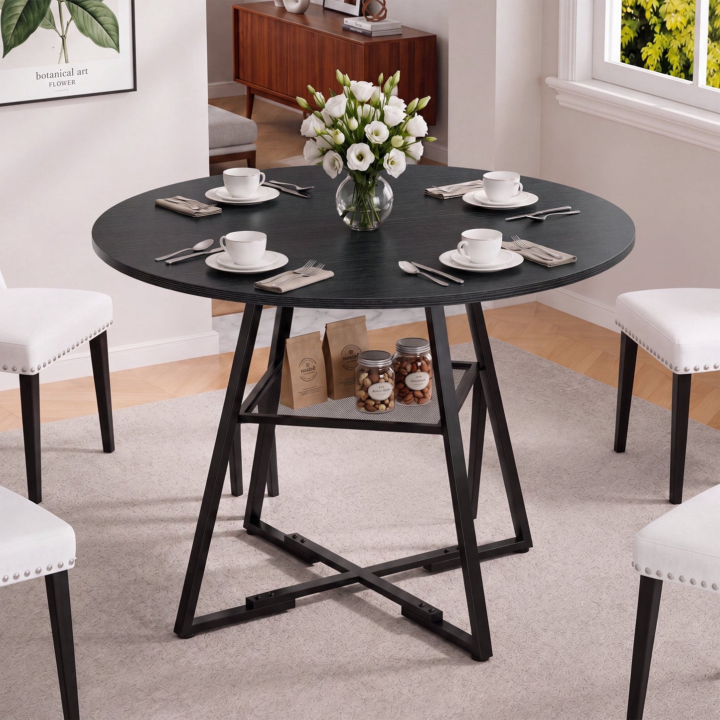 EDX 42In Round Dining Table for 4-6, Circle Kitchen Table with Pedestal Metal Frame Storage, Space Saving Farmhouse Wood Kitchen Table, for Kitchen, Living Room, Black