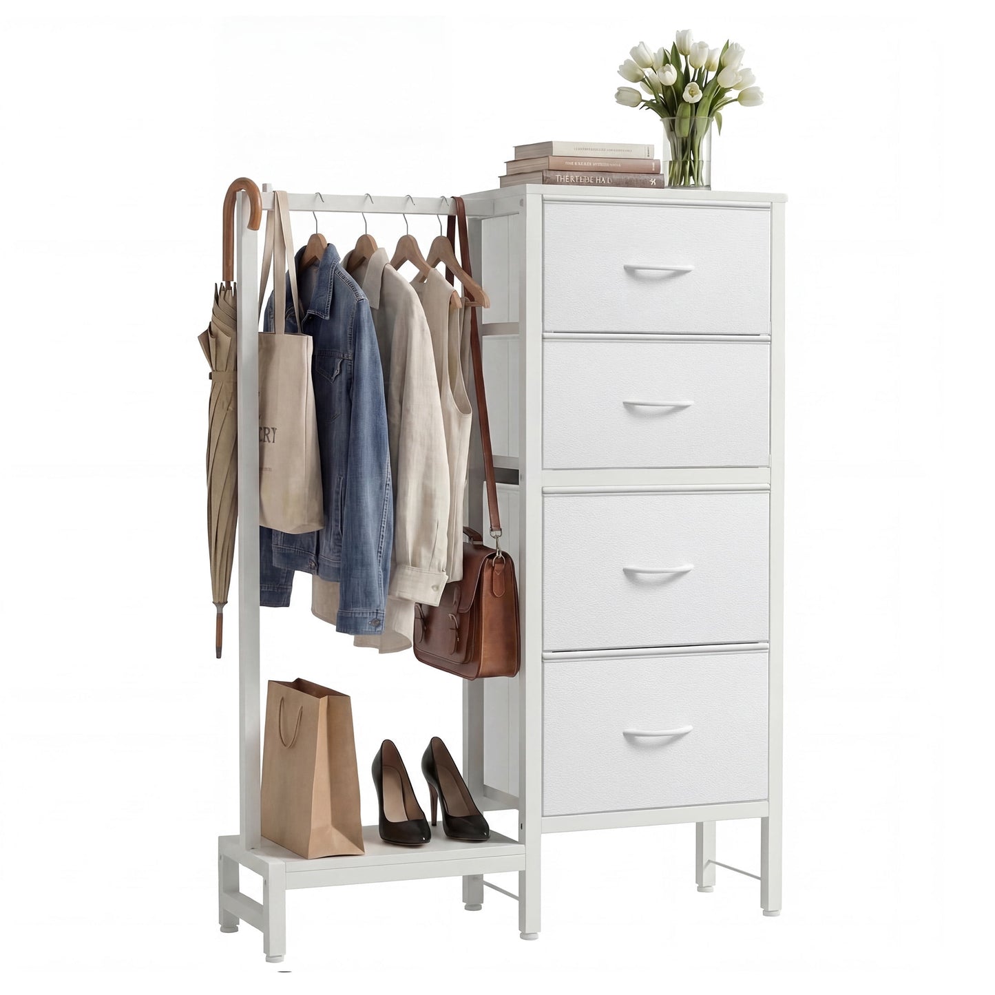 EDX 47.2" H Dresser for Bedroom with Hanging Rack, 6 Drawers Dresser with LED Lights & Charging Station, Fabric Dressers & Chest of Drawers with Rack, Wooden Top, Grid Panel,Gray