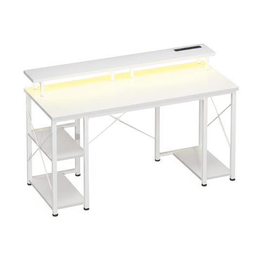 EDX 48 inch Gaming Desk with LED Lights & Power Outlets, Computer Desk with Monitor Stand & Storage Shelves, CPU Stand, Home Office Desk, White
