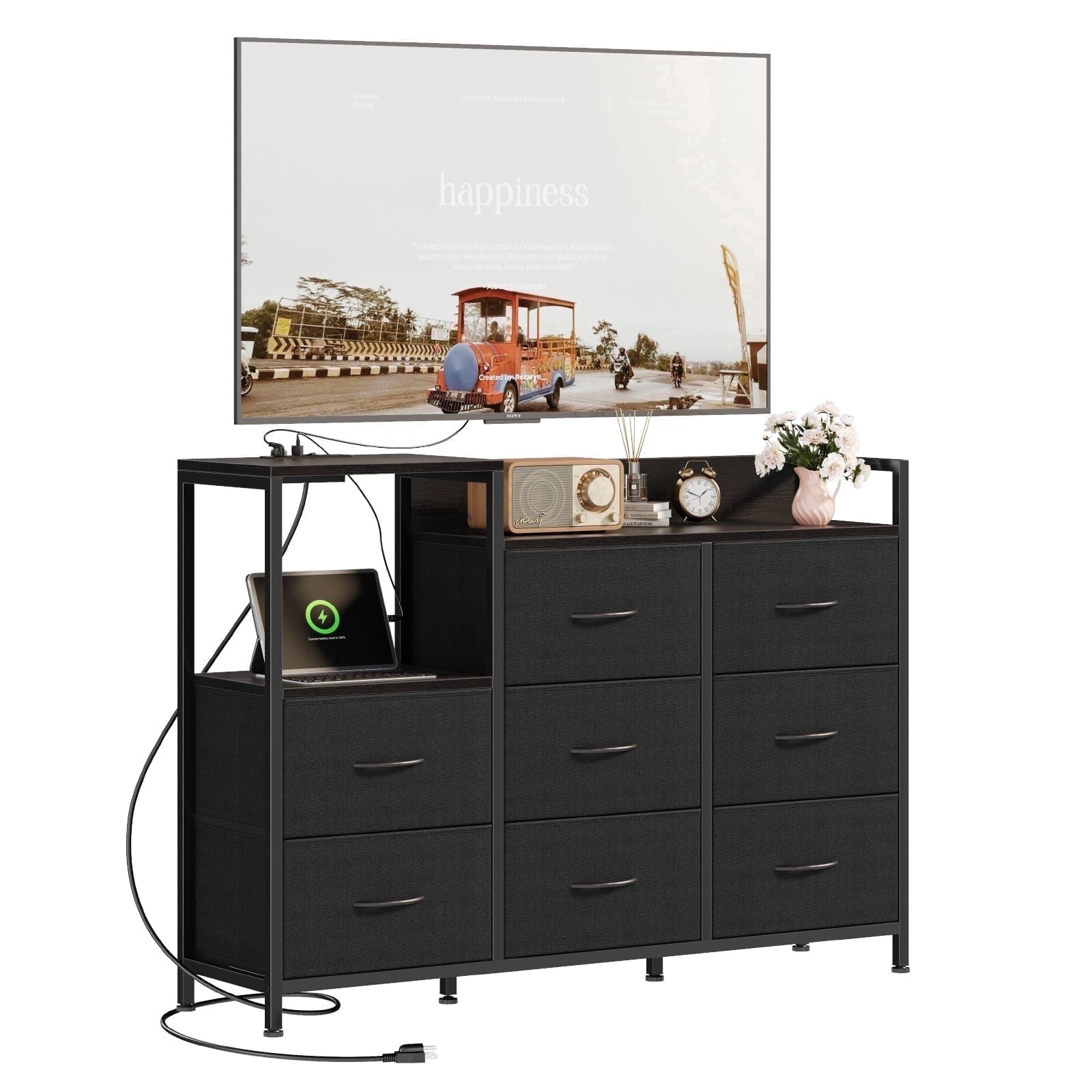 EDX 8 Drawer Dresser TV Stand, with Power Outlets and Open Shelves, for Bedroom and Living Room, Black