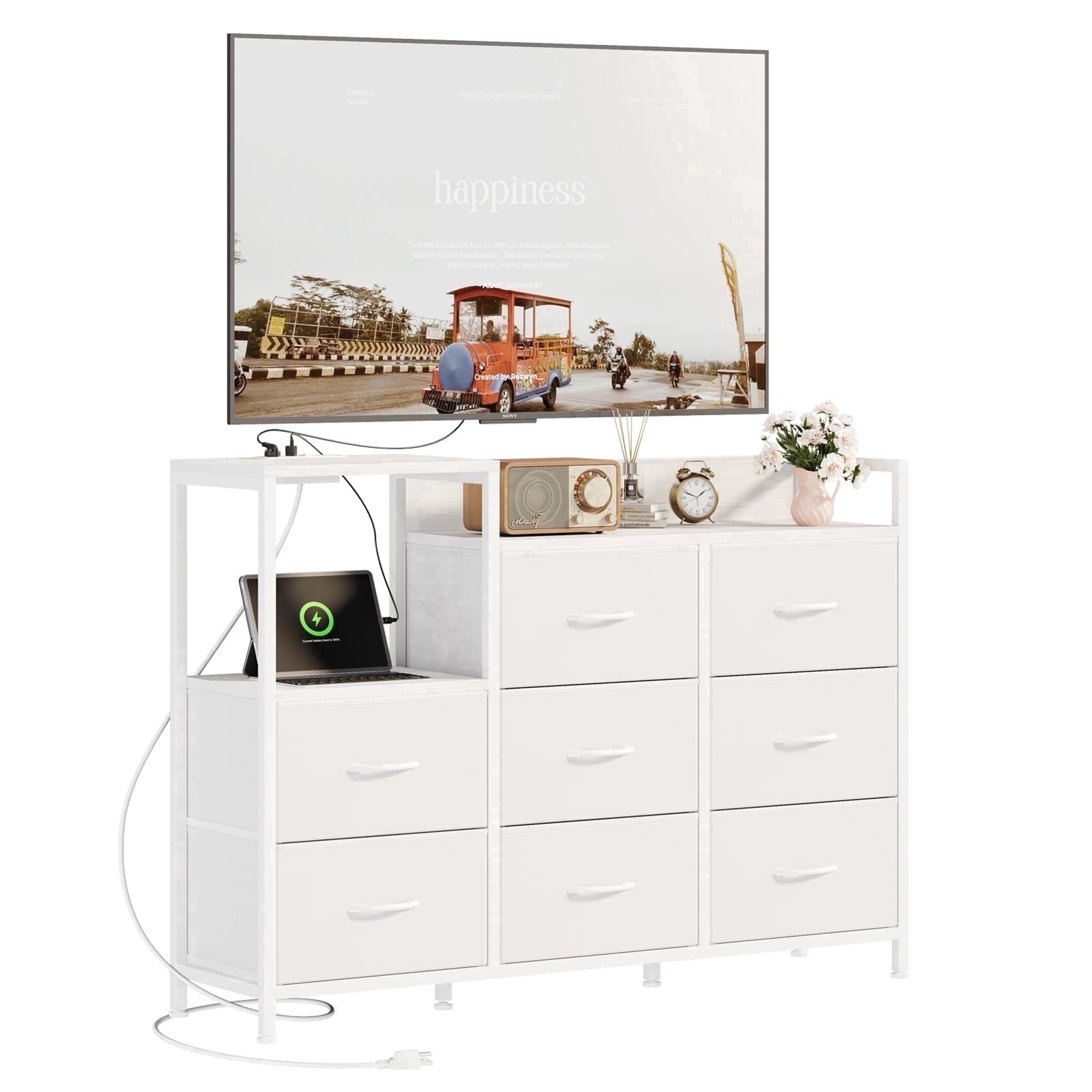 EDX 8 Drawer Dresser TV Stand, with Power Outlets and Open Shelves, for Bedroom and Living Room, White