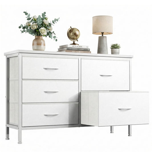 edx 5 Drawer Dresser for Bedroom, 39.4" Fabric Chest of Drawers with Wood Top Metal Frame, Storage Organizer for Closet, Hallway & Living Room, White