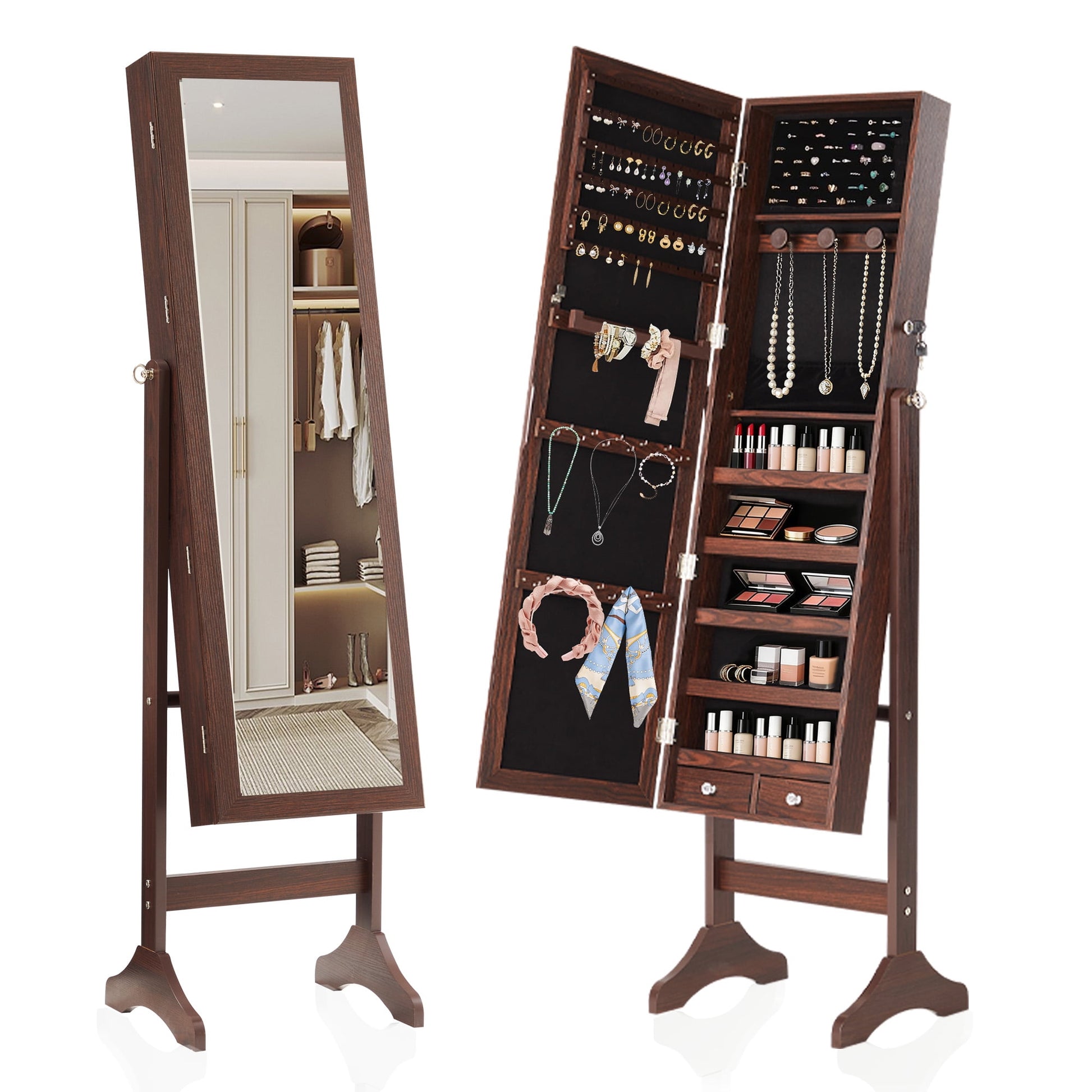 EDX Freestanding Full-Length Mirror Jewelry Cabinet, 3 Angle Adjustable Large Jewelry Armoire Organizer with Makeup Storage, Brown