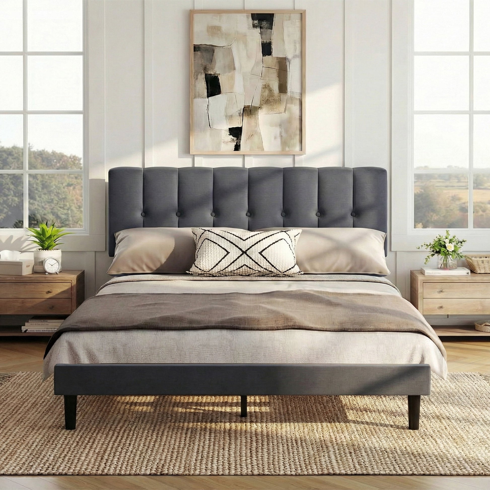 EDX King Size Platform Bed Frame, Fully Upholstered Mattress Foundationwith Fabric Upholstered Headboard and Wooden Slats Support, No Box Spring Needed, Grey
