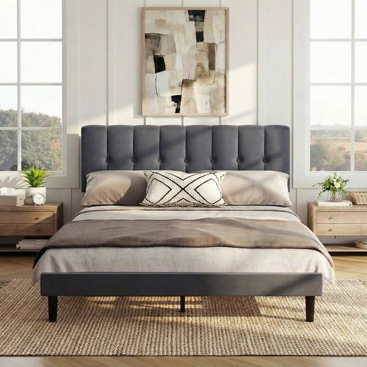 EDX King Size Platform Bed Frame, Fully Upholstered Mattress Foundationwith Fabric Upholstered Headboard and Wooden Slats Support, No Box Spring Needed, Grey