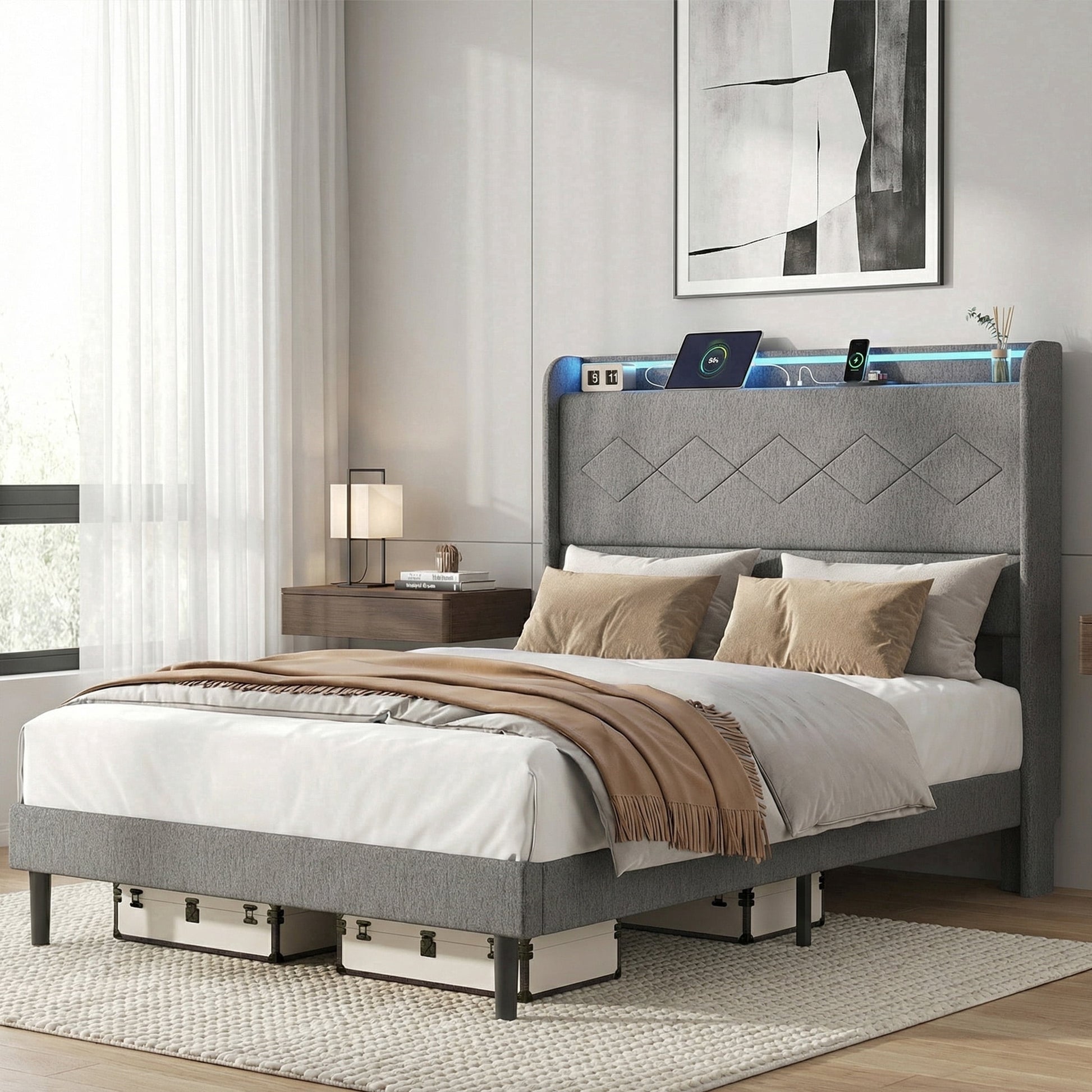edx Upholstered Full Bed Frame with Height-Adjustable Headboard, 3 USB Charging Ports, LED Light Strip & Bluetooth Controller, Gray