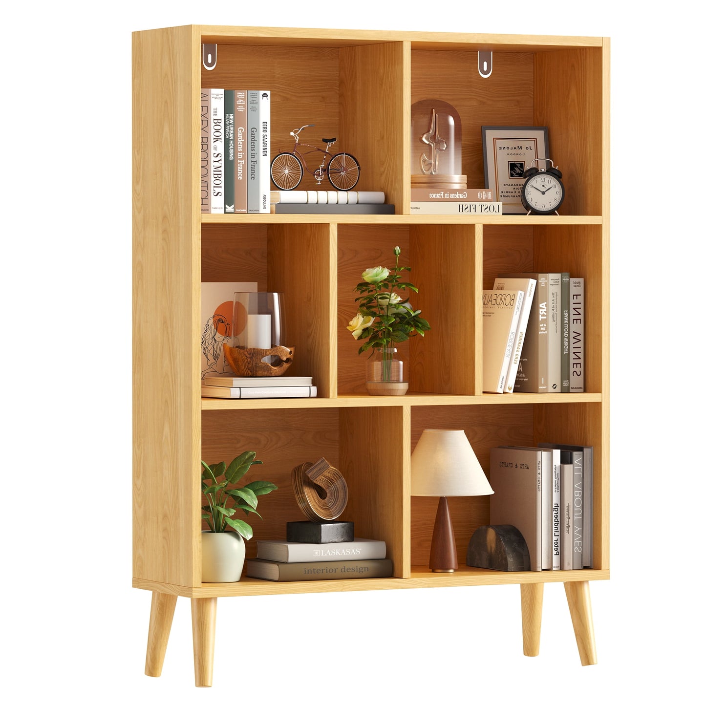 EDX Wooden Cube Bookshelf, Open 3-Tier Bookcase with Legs, Freestanding Bookshelves Storage Organizer Shelf, for Bedroom, Living Room, Office, Natural wood