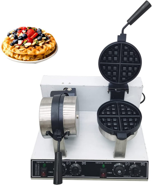 EQCOTWEA Commercial Round Waffle Maker Double Head Rotary Nonstick Muffin Maker Bakeries Snack Bar