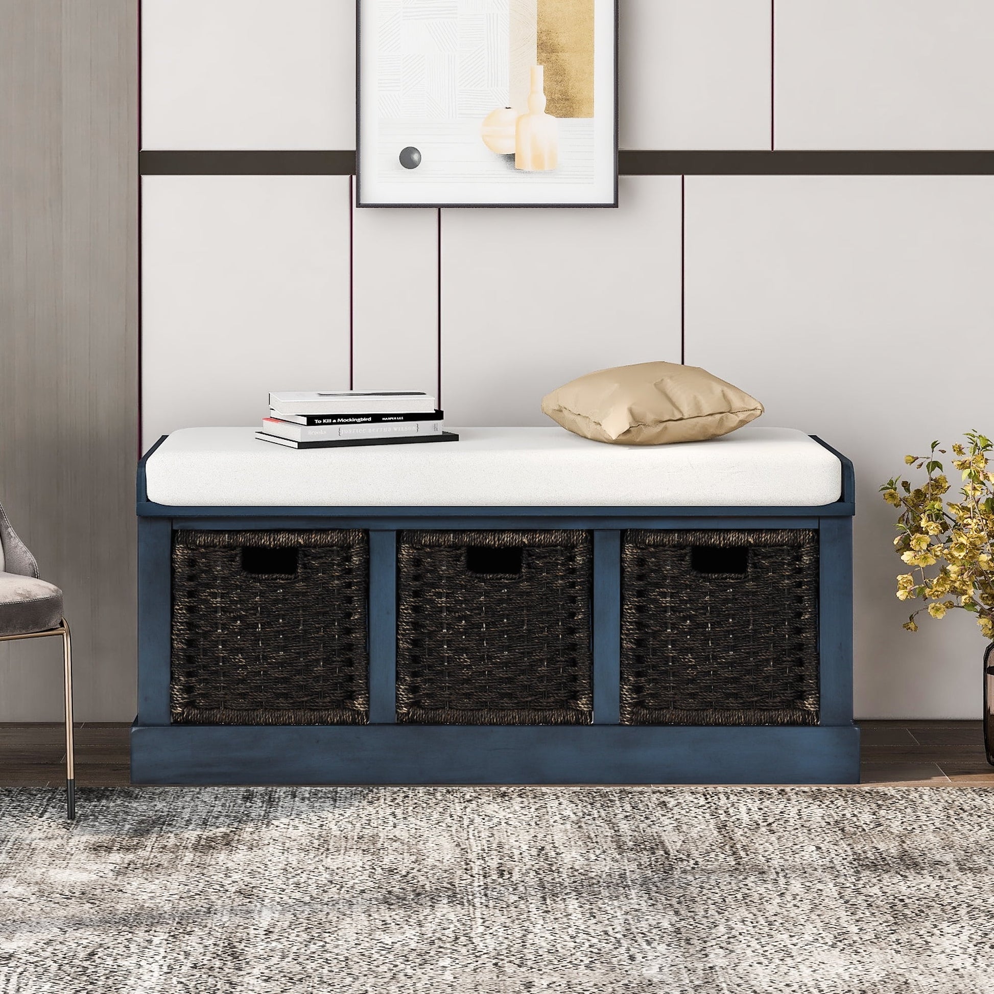 Euroco 41"  Rustic Storage Bench, Wood Entry Bench with 3 Removable Classic Rattan Baskets & Removable Cushions  for Living Room, Balcony, White
