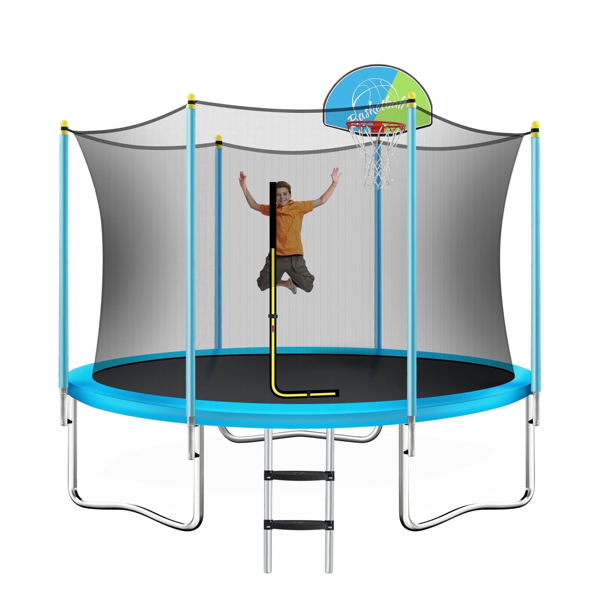 EUROCO  8FT Trampoline for Kids with Safety Enclosure Net, Basketball Hoop and Ladder, Easy Assembly Round Outdoor Recreational Trampoline