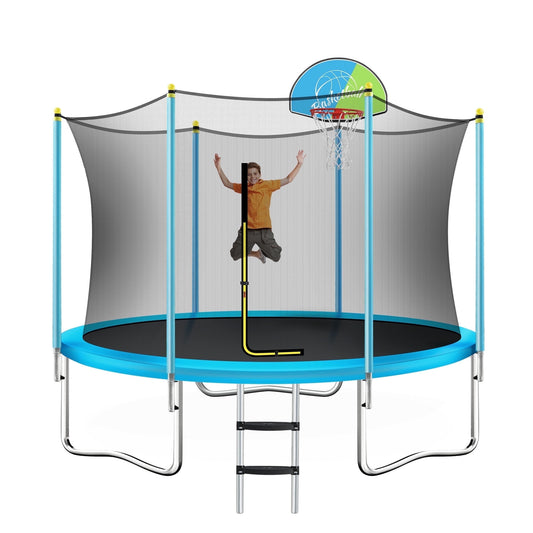 EUROCO  8FT Trampoline for Kids with Safety Enclosure Net, Basketball Hoop and Ladder, Easy Assembly Round Outdoor Recreational Trampoline
