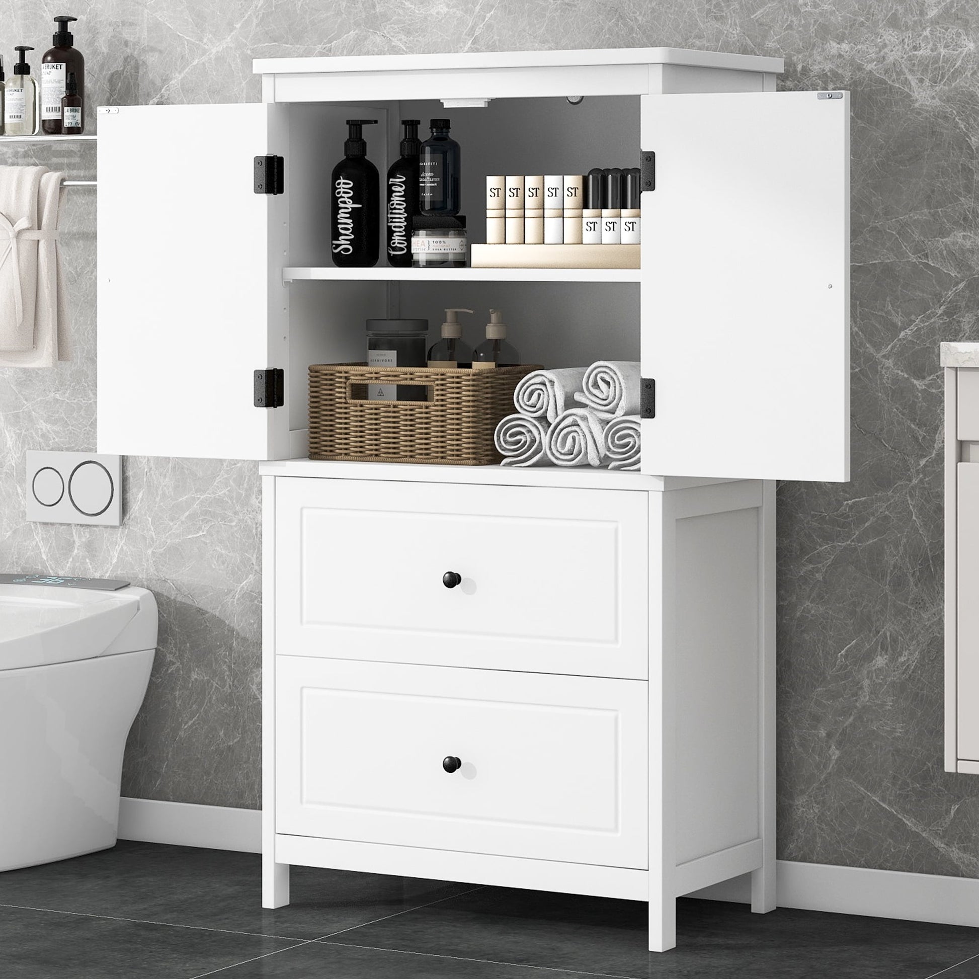 EUROCO Bathroom Floor Storage Cabinet,Bathroom Storage Unit,Freestanding Cabinet with 2 Drawers and 2 Doors,Adjustable Shelf,11.8 x 23.6 x 43.3 Inches,White