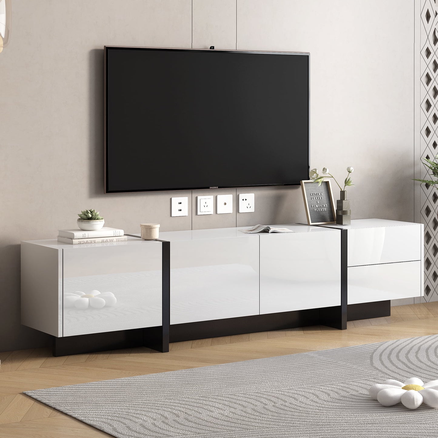 EUROCO Mid-Century Modern TV Stand Up to 80" Contemporary Rectangle ,Unique Style TV Console Table with Cabinet&High Gloss UV Surface for Living Room Bedroom