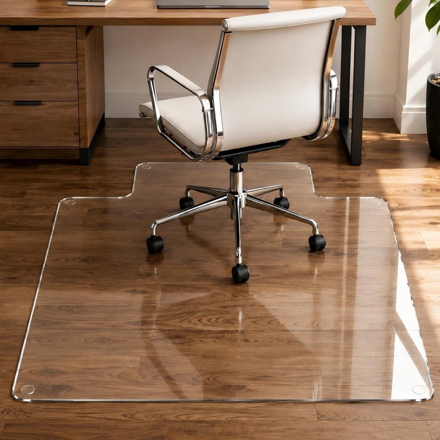 Easy4Home 53"x45" Irregular Tempered Glass Chair Mat for Carpet & Hard Floors, Heavy Duty Office Chair Floor Protector with Anti-Slip Pads, Clear