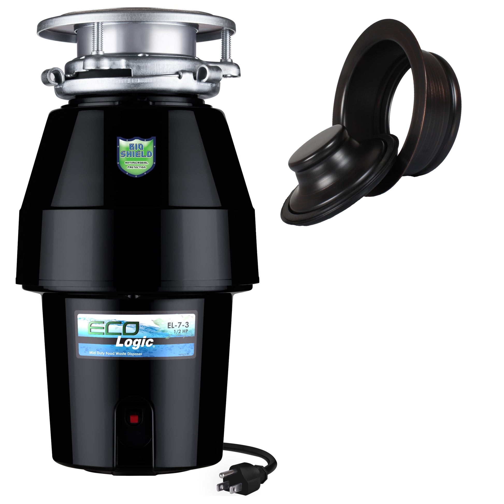 Eco Logic 1/2 HP Garbage Disposal with Oil Rubbed Bronze Sink Flange and Stopper Assembly Kit 10-US-EL-7-DS-3B-ORB