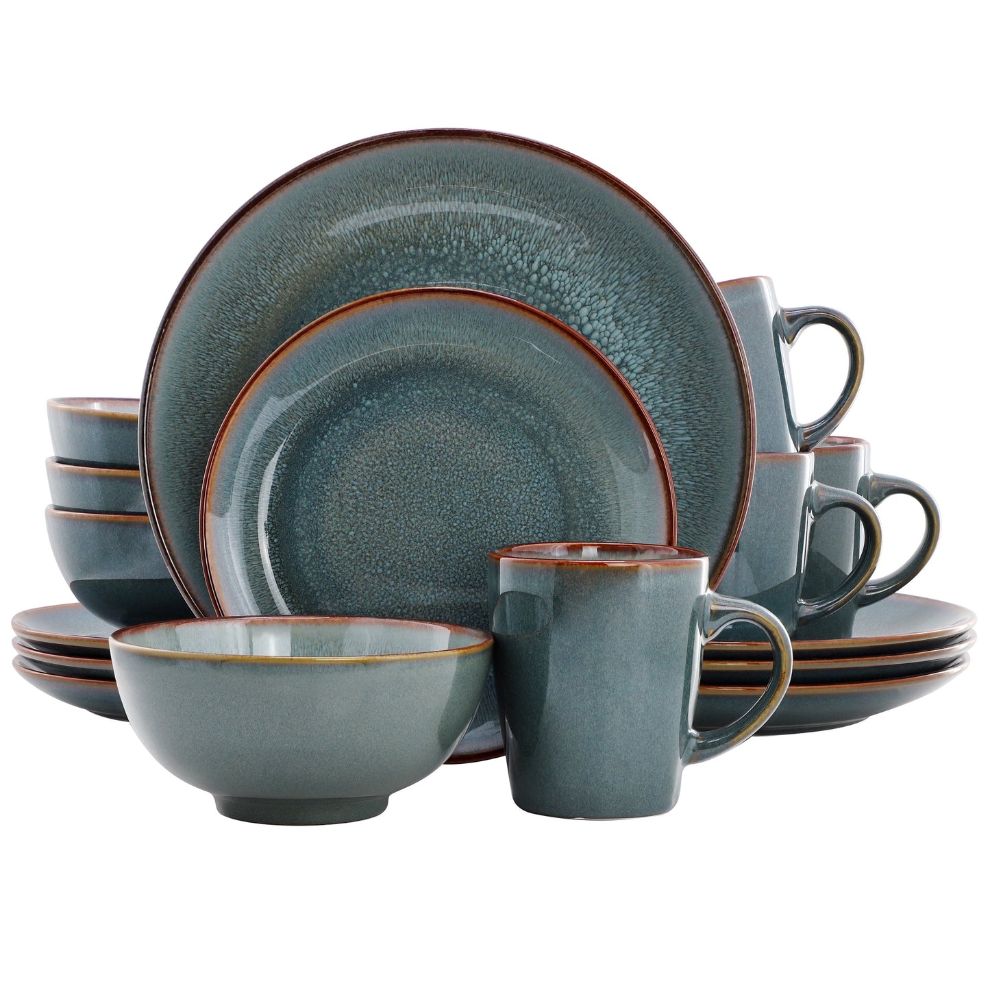 Elama Slate 16 Piece Stoneware Dinnerware Set in Blue with Brown Rim, Service for 4