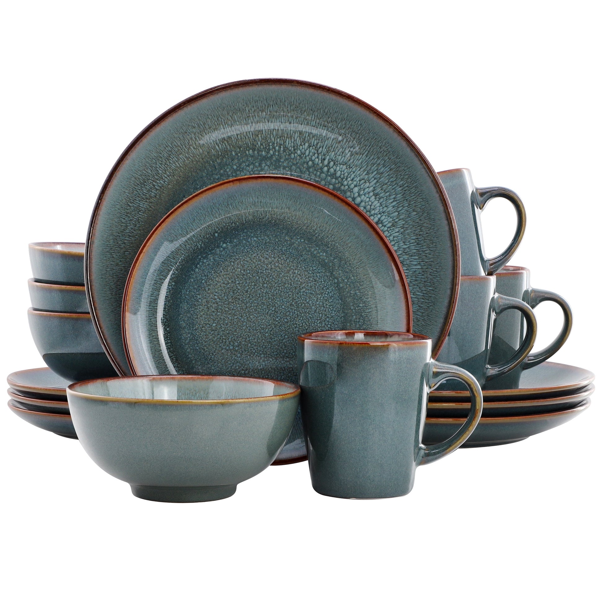 Elama Slate 16 Piece Stoneware Dinnerware Set in Blue with Brown Rim, Service for 4