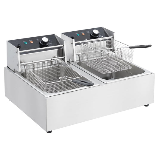 Electric Deep Fryer, 10L x 2 Dual Tank Stainless Steel Fryers with 60-Min Timer, Rotary Fryer Head, Commercia Countertop Fryers with Adjustable Temp, 3600W 110V