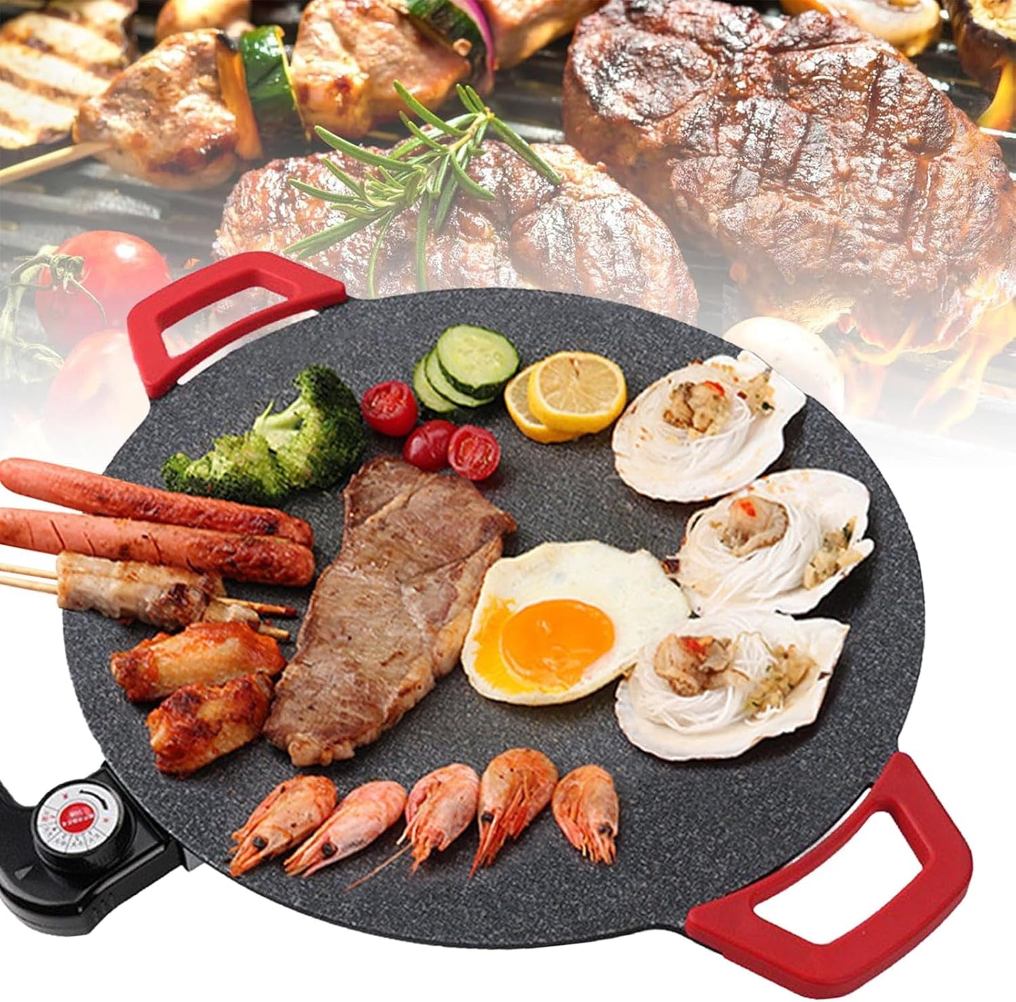 Electric Griddle Nonstick Extra Large, 15" Round BBQ Plate Electric Barbecue Grill Pan, Five Temperature Control Levels, Anti-Scalding Design, Perfect for Big Family Gatherings