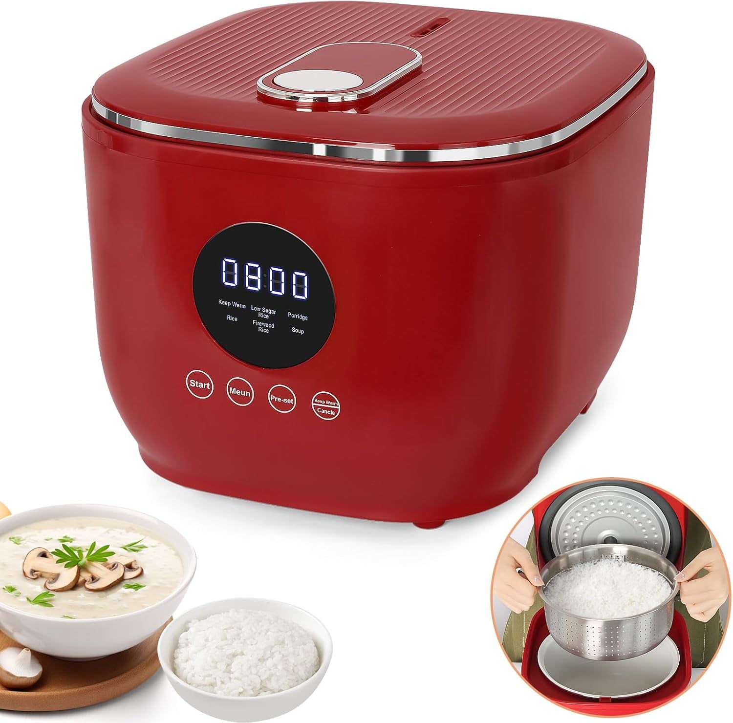 Electric Rice Cooker 6 Cup with Low Carb Rice Cooker Steamer Basket, Small Rice Cooker (Red)