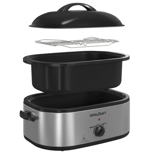 Electric Roaster,20 Quart Roasting Oven with Self-Basting Lid Removable Pan,Turkey Roaster Oven with 150 to 450F Temperature Control Cool-Touch Handles,Black,Silver