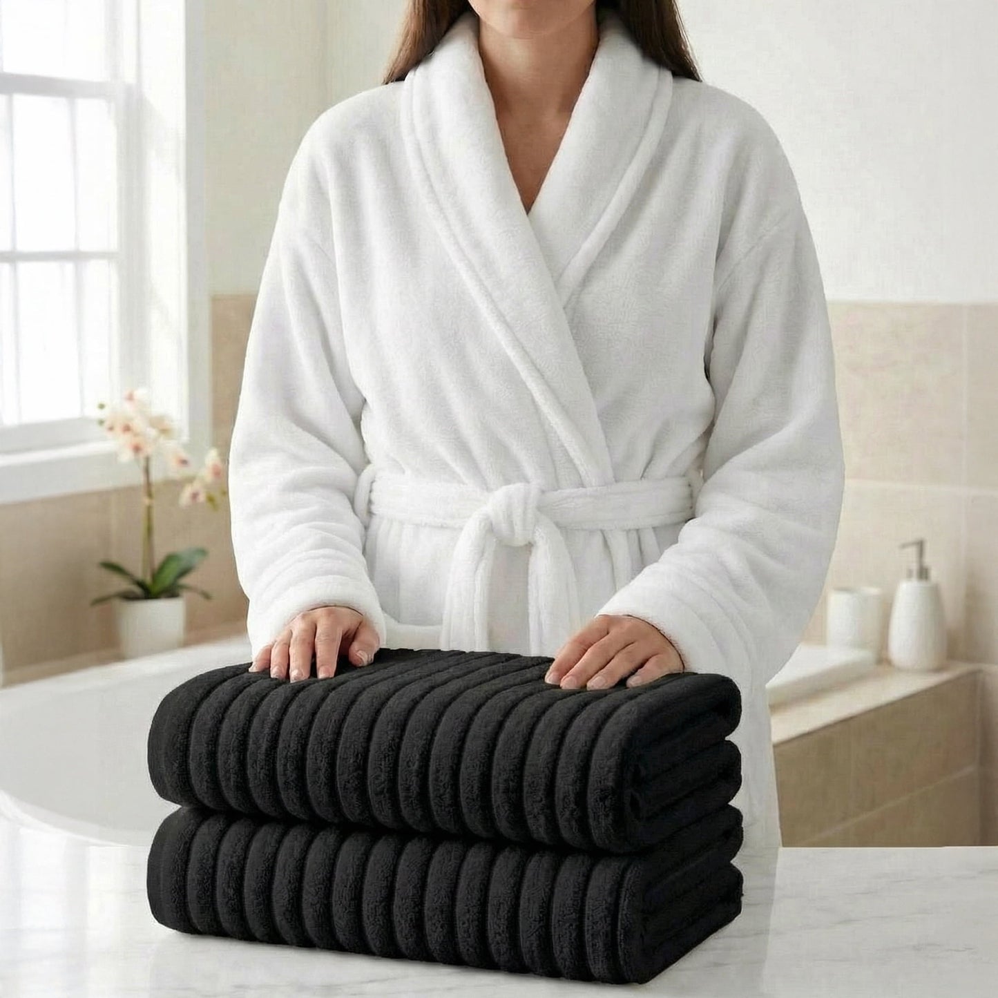 Elegant Comfort 3-Piece Spa Bath Set â€“ Plush Bathrobe & 2 Ribbed Bath Towels, Thick Absorbent Hotel Quality Bathroom Essentials, Black Bath Towel, White Robe ,X-Large