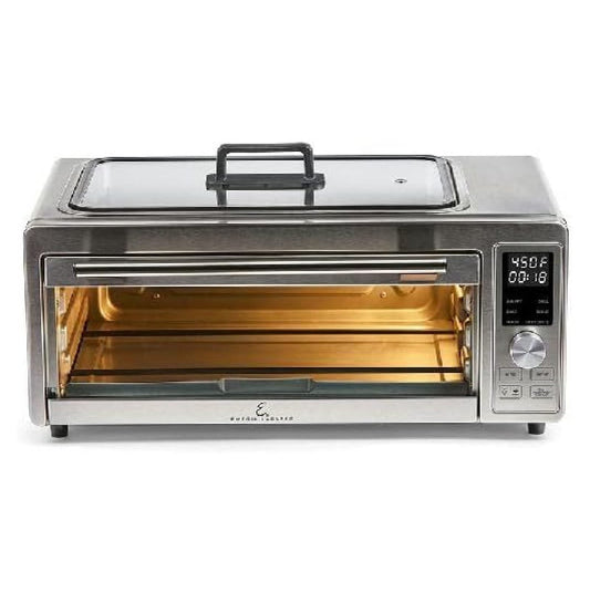 Emeril Power Grill 360 - 6-in-1 Countertop Toaster Oven & Indoor Grill, Air Fryer, Roaster, Baker, Dehydrator - Stainless Steel with Glass Lid