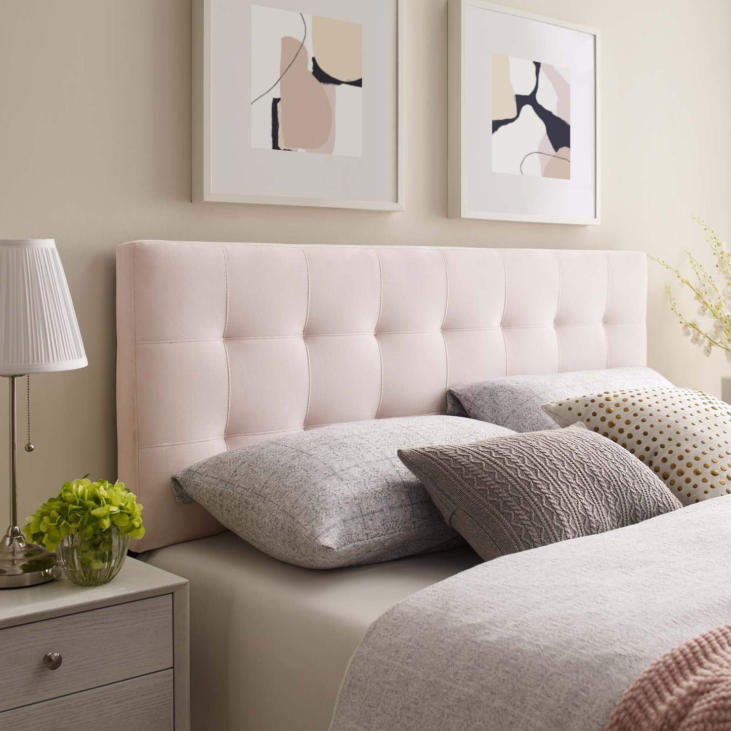 Emily Queen Biscuit Tufted Performance Velvet Headboard in Pink