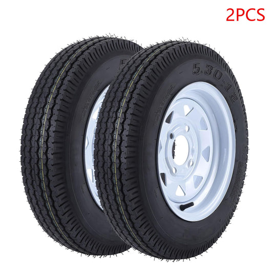 Emorefun 2PCS Trailer Tires 5.30-12 5.30x12 530-12 Tire with 12'' Rims, 4 Lug on 4'', Load Range C, 6PR, 1050lbs Capacity