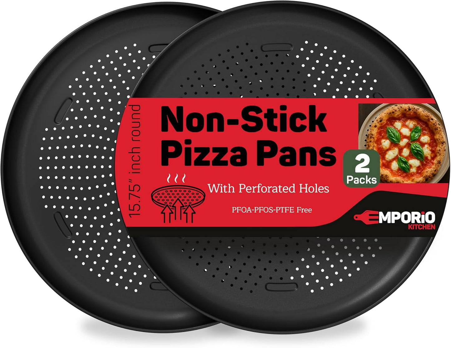 Emporio Kitchen Non-Stick Pizza Pan 2 Pack â€“ 16 Inch Round Carbon Steel Pizza Tray with Perforated Holes, PFOAPFOSPTFE-Free, Dishwasher & Oven Safe Up To 450Â°F, Durable Nonstick Gray Coating
