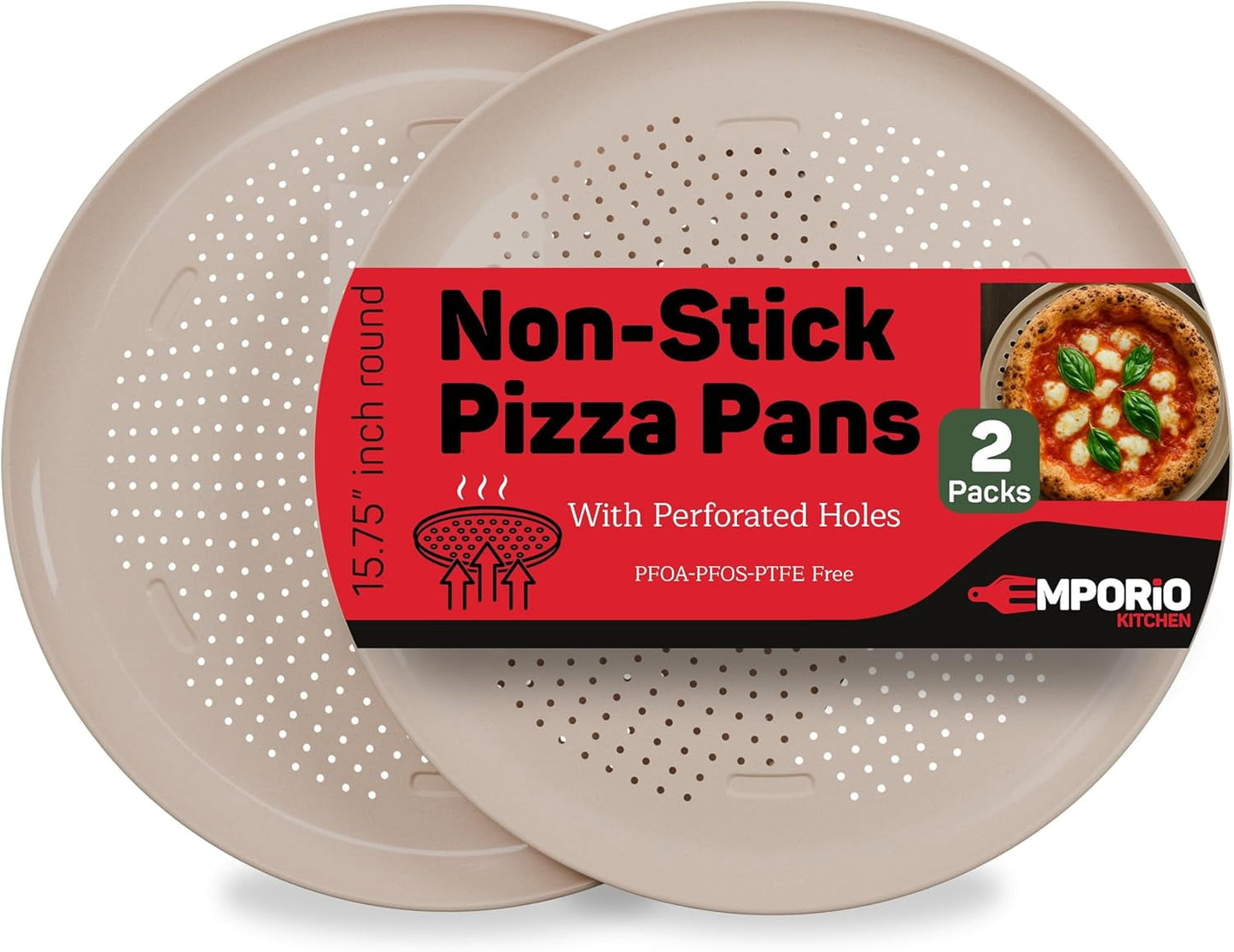 Emporio Kitchen Non-Stick Pizza Pan 2 Pack â€“ 16 Inch Round Carbon Steel Pizza Tray with Perforated Holes, PFOAPFOSPTFE-Free, Dishwasher & Oven Safe Up To 450Â°F, Nonstick White Marble Coating