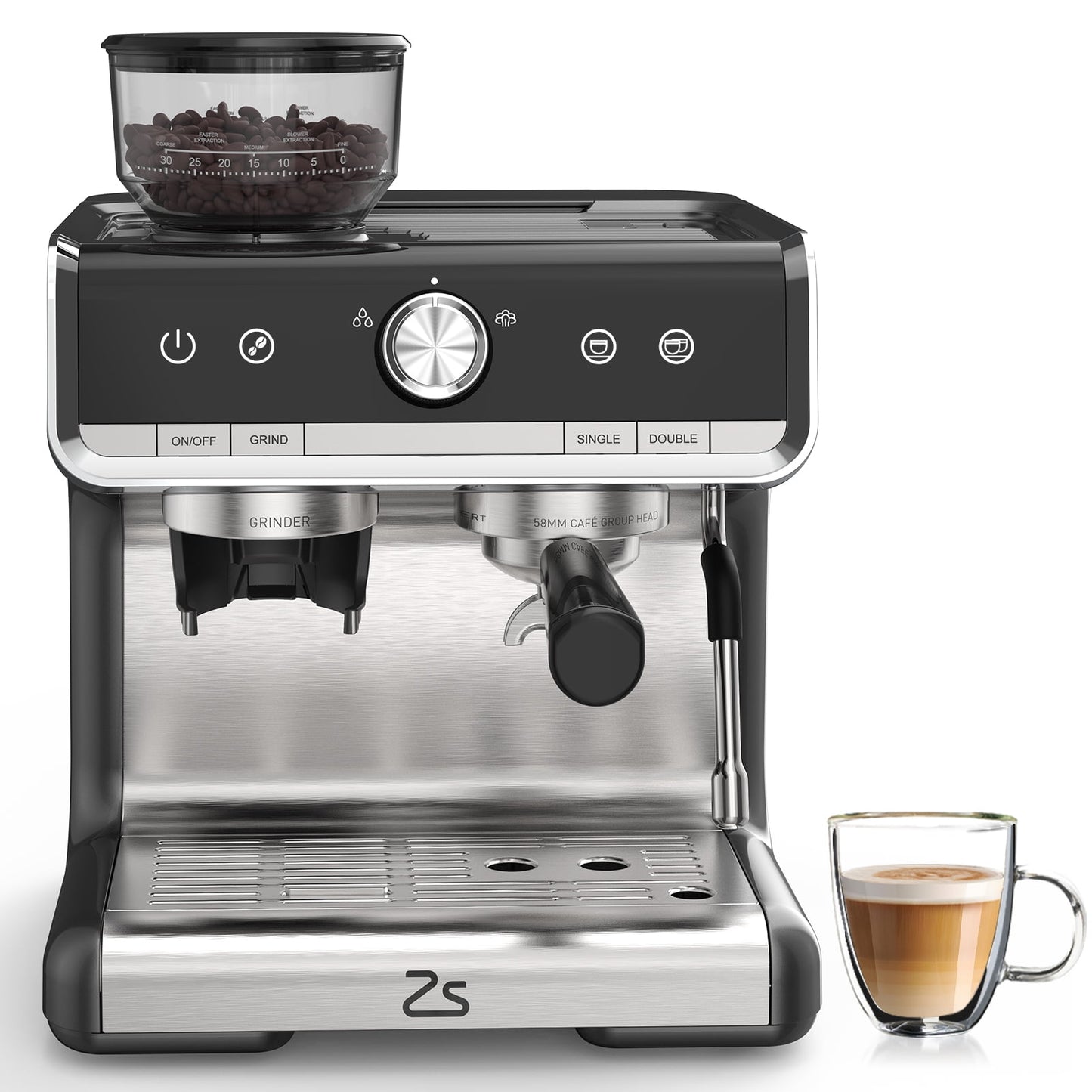 Espresso Coffee Machine with Grinder, 20 Bar Semi-Automatic Espresso Maker with Milk Frother Steamer Wand for Cappuccino, Latte, Macchiato, 2.8 L Water Tank, PID Temperature Control, Gray