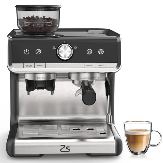 Espresso Coffee Machine with Grinder, 20 Bar Semi-Automatic Espresso Maker with Milk Frother Steamer Wand for Cappuccino, Latte, Macchiato, 2.8 L Water Tank, PID Temperature Control, Gray