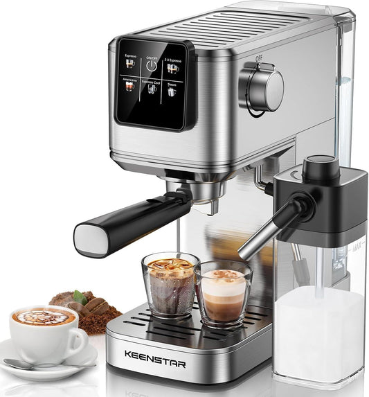 Espresso Coffee Machine with Milk Tank, 20Bar Hot & Iced Coffee Machine with Rapid Cold Brew, Touch Screen Espresso Maker with Steam Wand for Coffee Lover