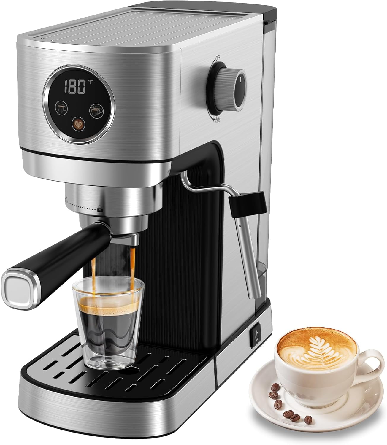 Espresso Machine 20 Bar, Small Coffee Maker with 40oz Removable Water Tank, Stainless Steel Espresso Machine with Steam Milk Frother, Latte & Cappuccino Machine for Home, Silver