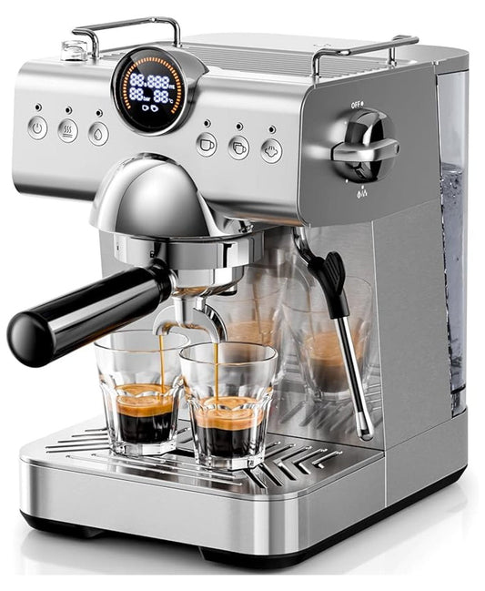 Espresso Machine with Cold Brew, Professional Espresso Maker with Milk Frother Wand for Latte & Cappuccino, Espresso Coffee Machine with LED Display for Home Use(Stainless Steel)