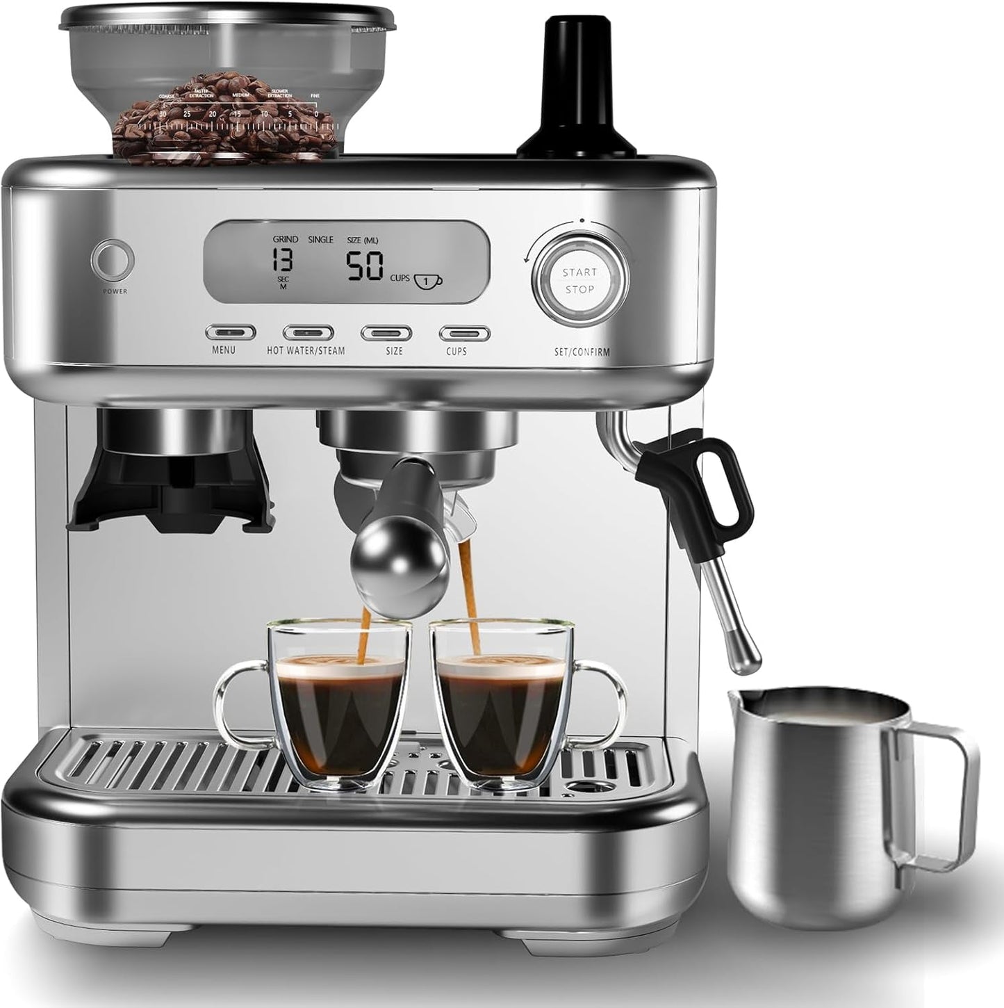 Espresso Machine with Grinder, Professional Coffee and Espresso Maker Combo, Stainless Steel Cafe Espresso Machine with Steam Wand Barista Kit for Cappuccino Latte