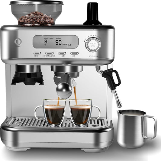 Espresso Machine with Grinder, Professional Coffee and Espresso Maker Combo, Stainless Steel Cafe Espresso Machine with Steam Wand Barista Kit for Cappuccino Latte