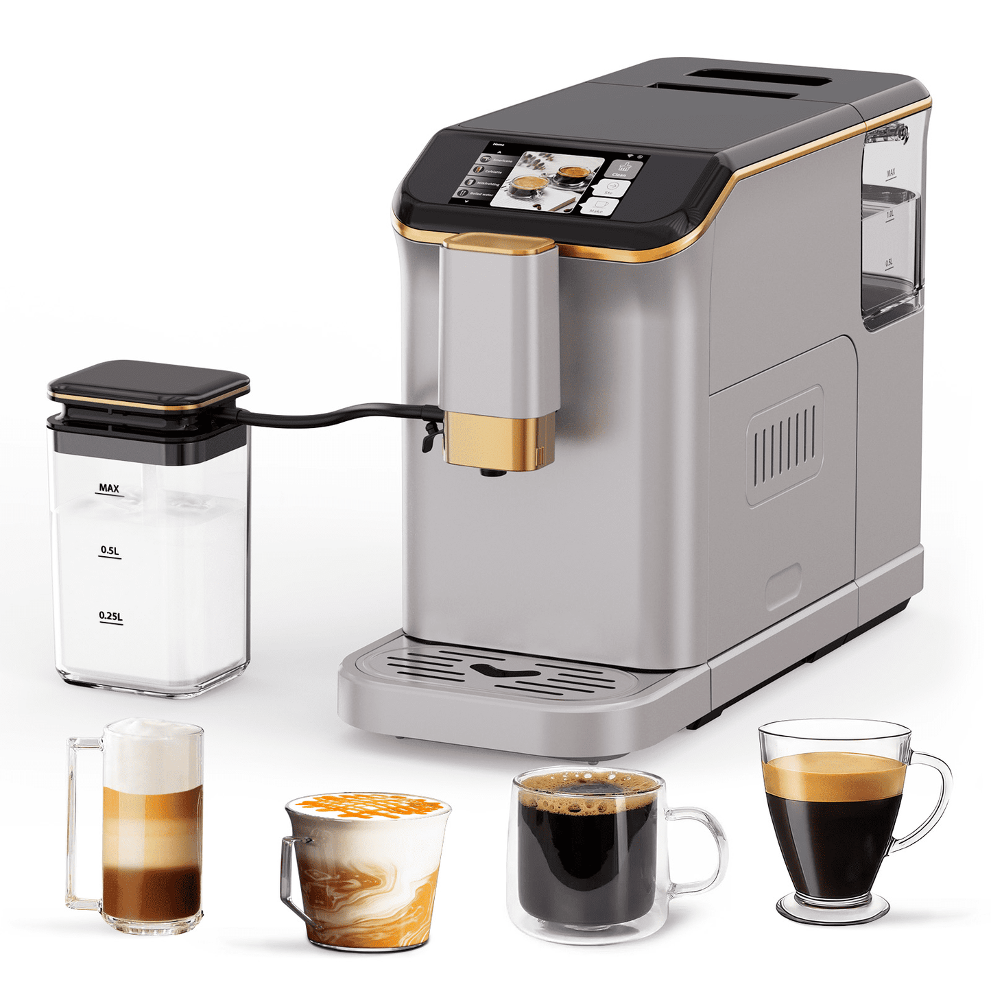 Espresso Machine with Milk Tank,20 Bar Hot & Iced Coffee Machine, Built-in Grinder,Touch Screen Espresso Maker with Steam Wand for Coffee Lover,15 Adjustable Grind Size Levels