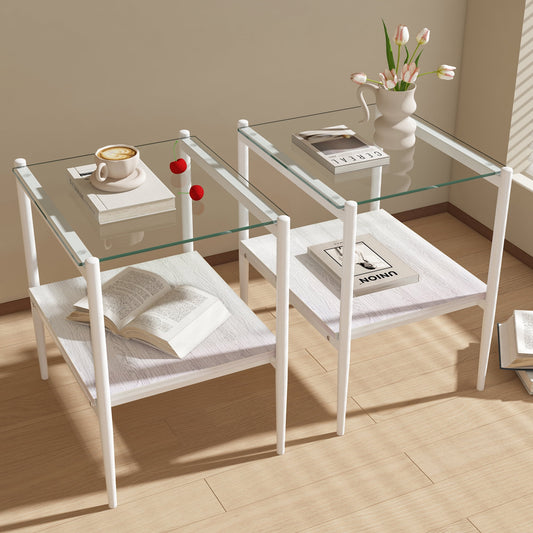 Euroco Set of 2 Rectangle End Table, Tempered Glass Tabletop with MDF layer, Modern Table for Living Room , Transparent Glass