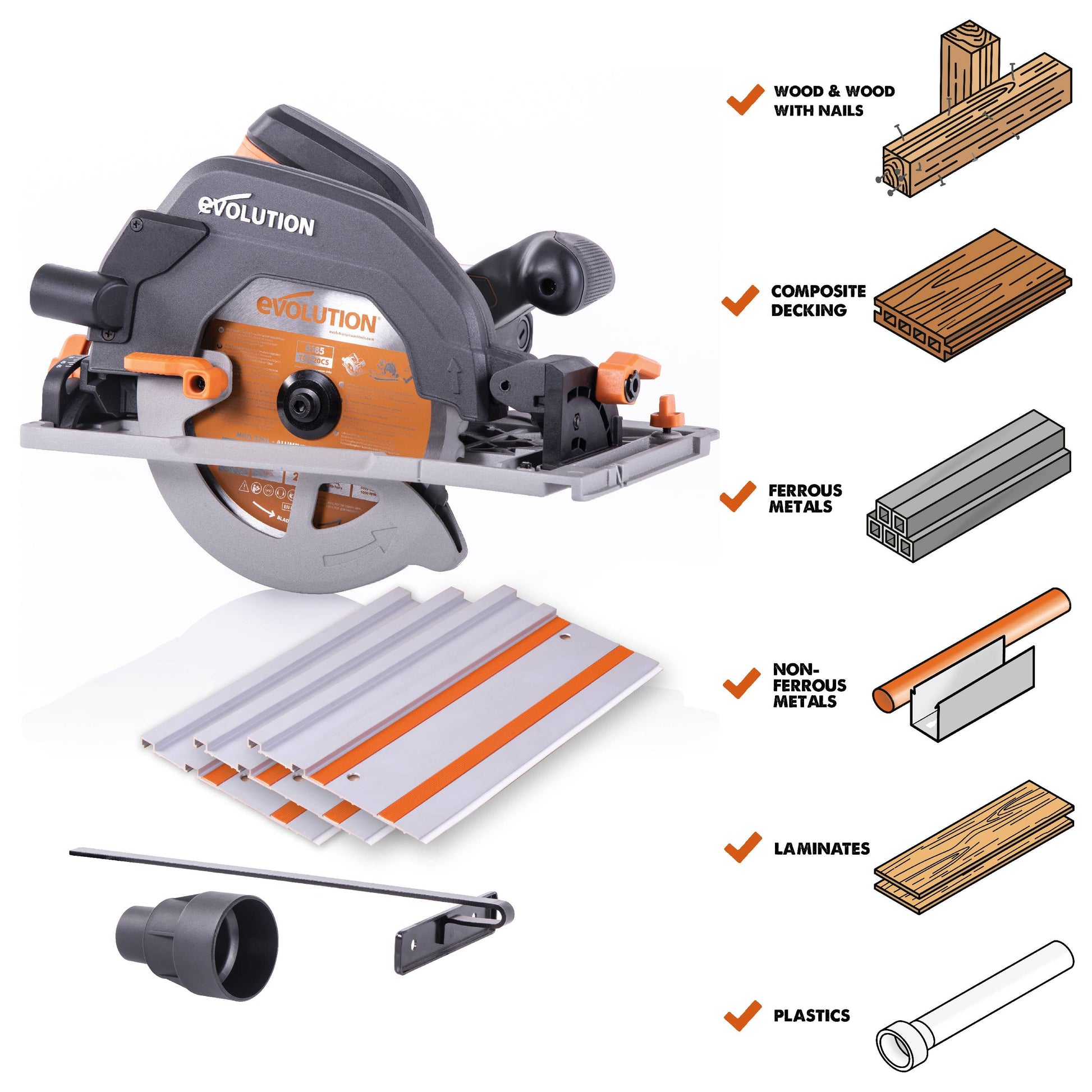 Evolution Power Tools 7-1/4-Inch, 15 Amp, Multi-Material Circular Track Saw with Track, R185CCSX