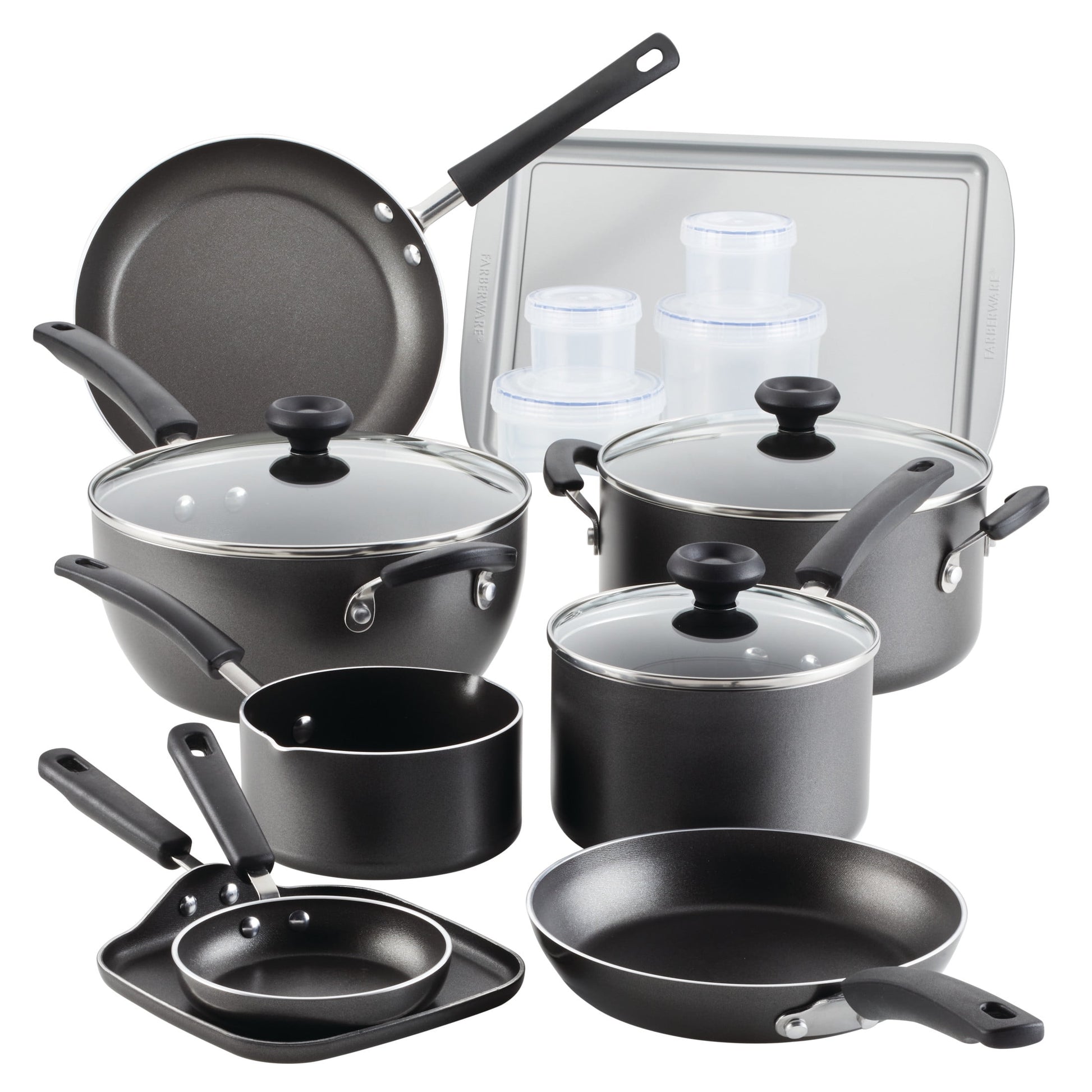 Farberware Easy Clean 20 Pcs Nonstick Cookware Set and Glass Lids with Cooking Tools and Food Storage Containers, Dishwasher Safe, Gray