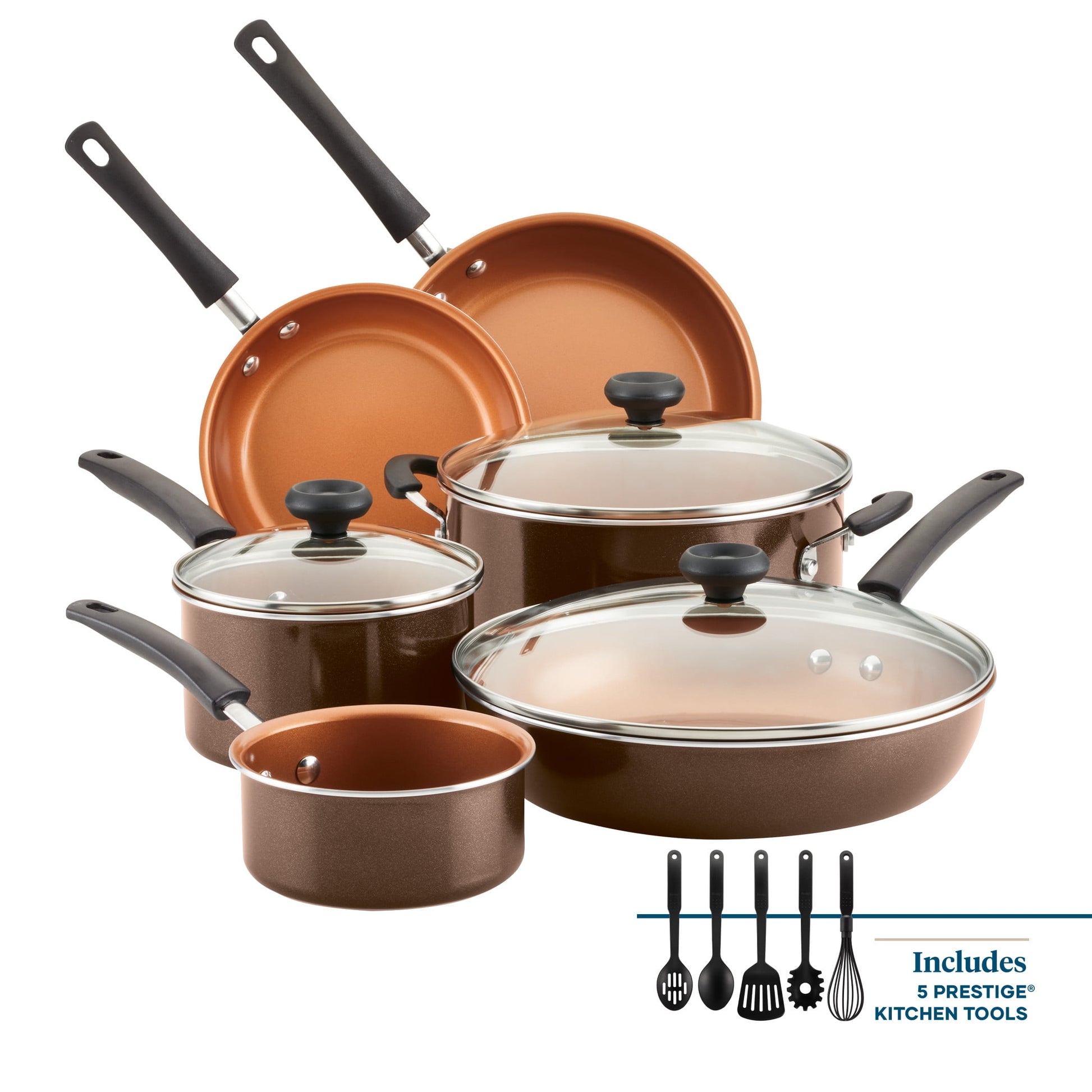 Farberware Easy Clean 14 Pcs Ceramic Nonstick Cookware Set with Cooking Tools, Dishwasher Safe, Brown