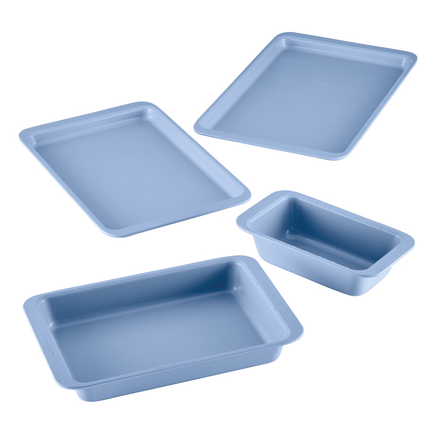 Farberware Easy Solutions 4 Piece Nonstick Baking Pan Set Features Easy Guide Markings and Cookie Outlines on the pan, Dishwasher Safe and Oven Safe to 450Â°F, Blue