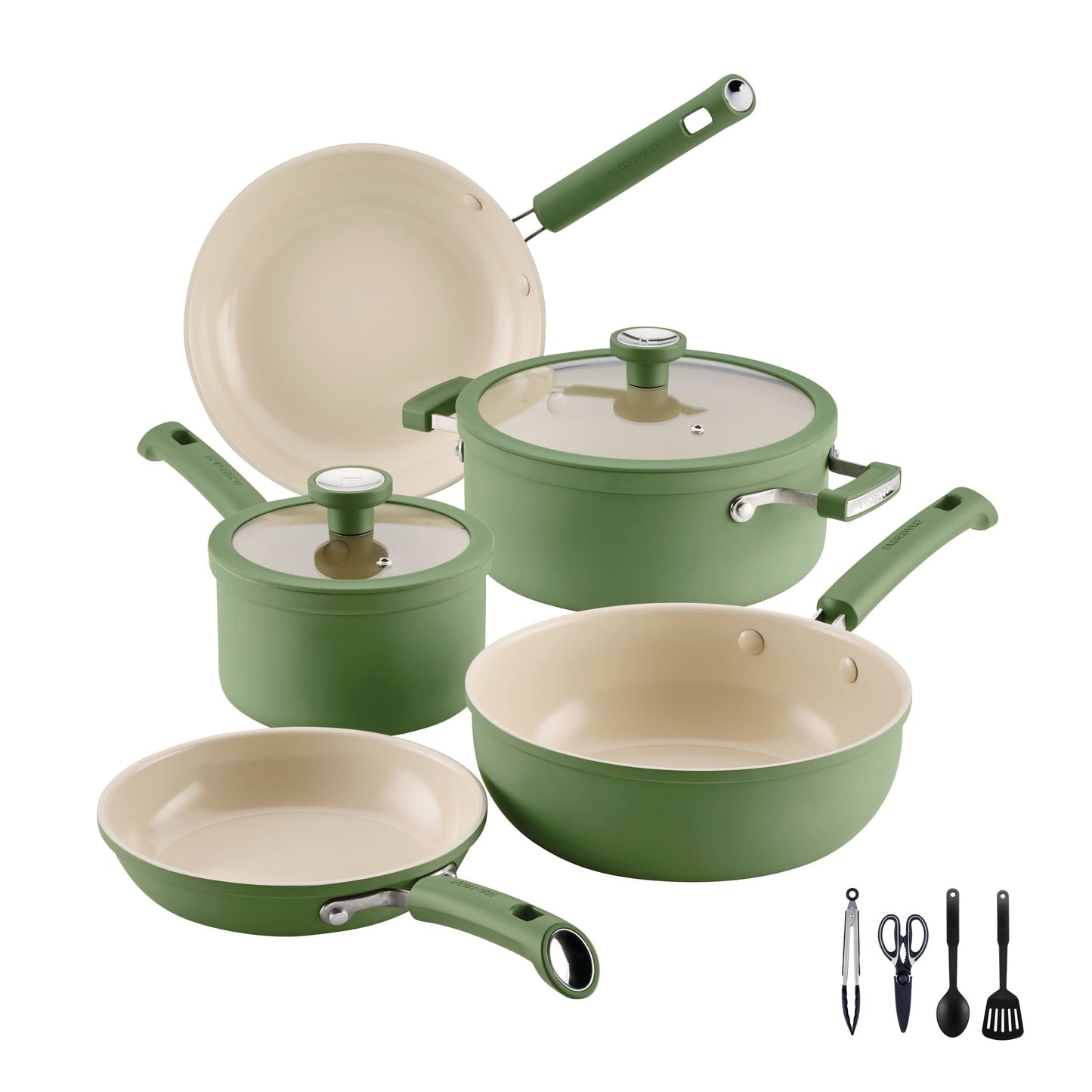 Farberware TrueCook 12pc Ceramic Cookware Set, Dishwasher and Oven Safe, Green